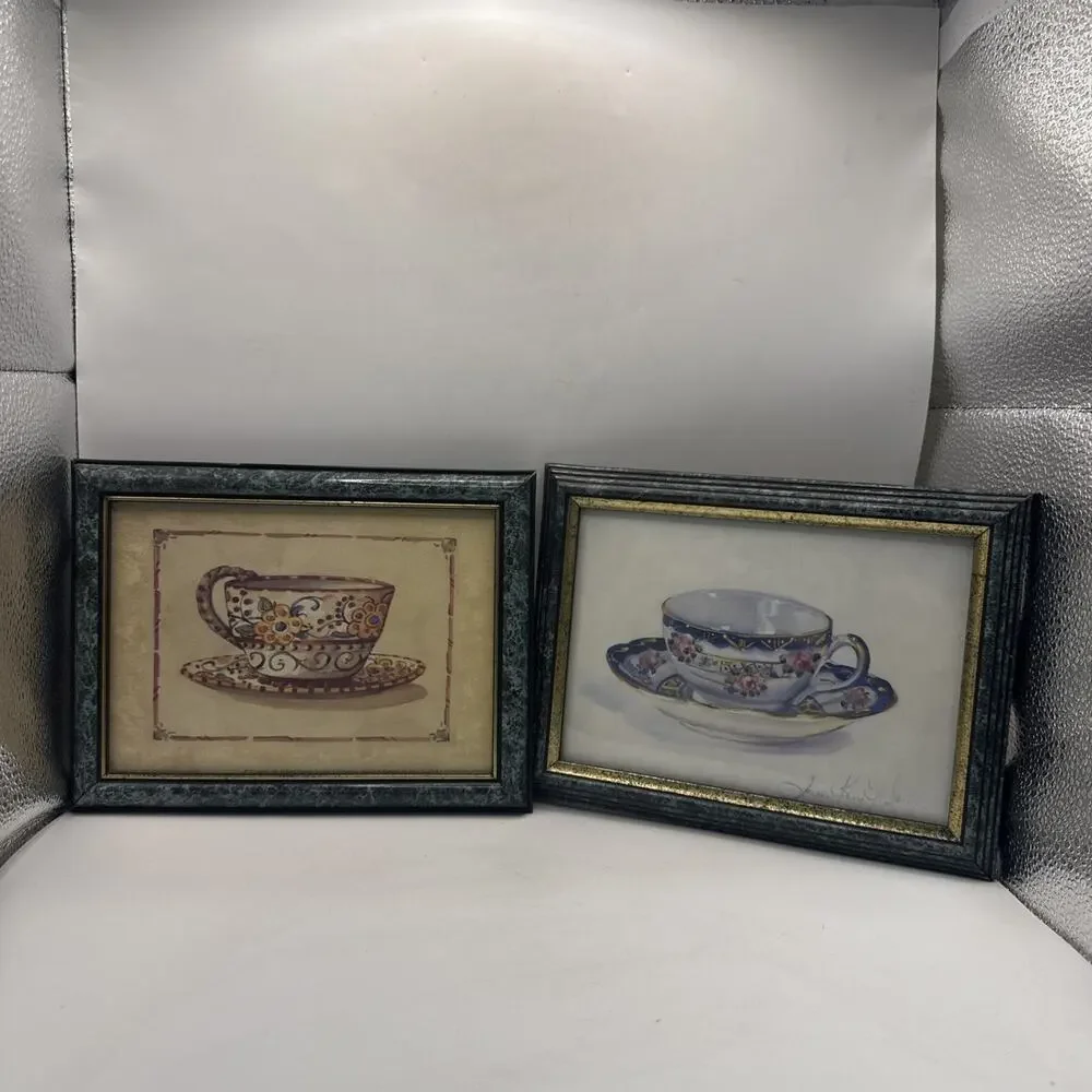 Set of 2 Vintage Signed Teacup & Saucer Framed Art Prints Floral Kitchen Decor *